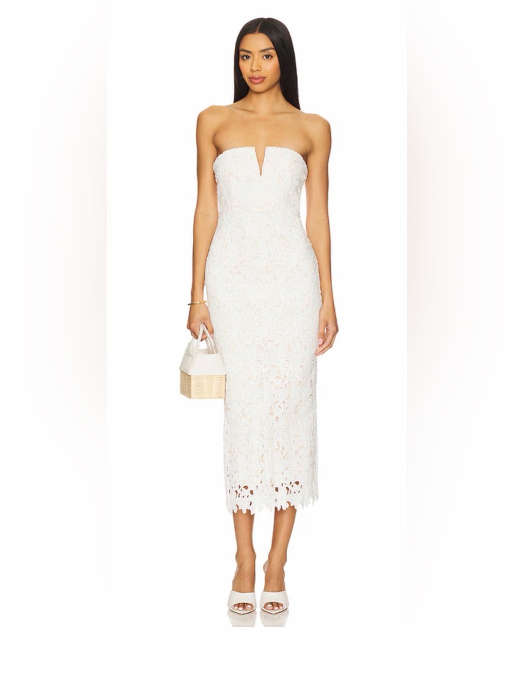 Strapless White Lace Midi Dress with V-Notch Sweetheart